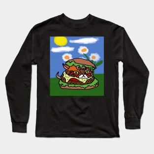 drawing cheeseburger cat with watercolor flowers Long Sleeve T-Shirt